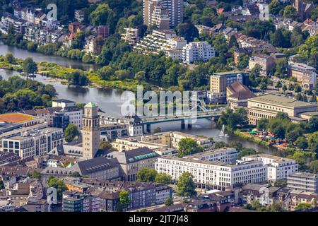 Aerial view, city hall and city hall tower, castle bridge, old town I, Mülheim an der Ruhr, Ruhr area, North Rhine-Westphalia, Germany, authority, Cit Stock Photo