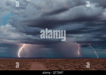 Lightning strikes from a monsoon thunderstorm over the Painted Desert in Arizona Stock Photo