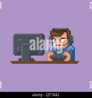 Pixel art streamer male character sitting in front of computer display wearing headset playing computer game with a gamepad, 8 bit retro cartoon Stock Vector