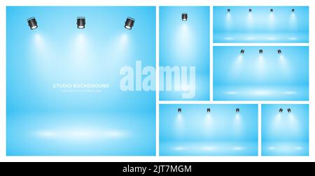 Empty blue studio abstract backgrounds with spotlights. Product showcase backdrop with spotlight effect. Stage lighting. Vector illustration Stock Vector