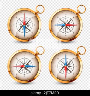 Realistic golden vintage compass with marine wind rose and cardinal directions of North, East, South, West. Shiny metal navigational compass Stock Vector