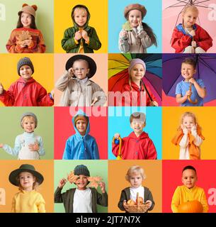 Collage with little children in autumn clothes on colorful background Stock Photo