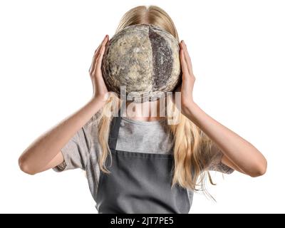 Young woman with fresh bread on white background Stock Photo