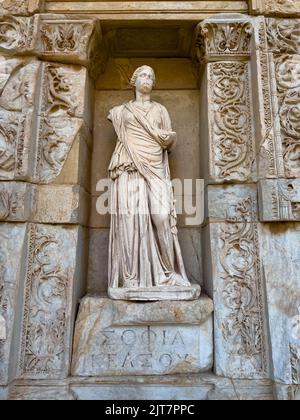 Ephesus Ancient City Celsus Library, Statue of Sophia (Wisdom) at the Celsus Library Stock Photo