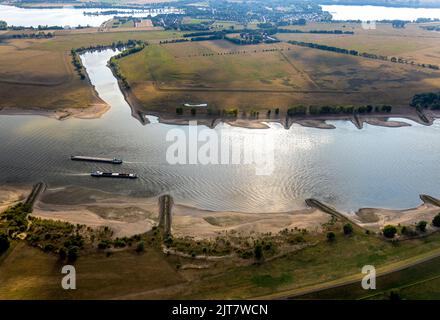 Aerial view, low water of the Rhine and cargo ships on the Rhine near Rees, Bislich, Wesel, Lower Rhine, North Rhine-Westphalia, Germany, DE, Europe, Stock Photo