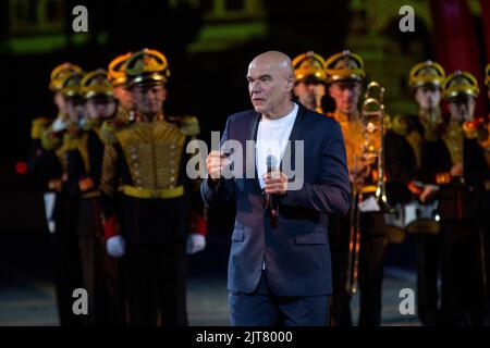 Moscow, Russia. 26th of August, 2022. Russian singer and musician Sergey Mazaev performs during an evening show ahead of the opening of the Spasskaya Tower 2022 International Military Music Festival in Red Square in Moscow, Russia.Sergey Mazaev is a lead singer of the Russian rock band 'Moral Codex' Stock Photo