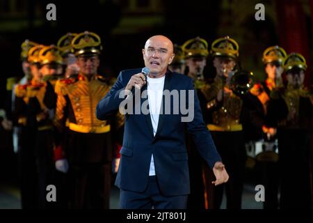 Moscow, Russia. 26th of August, 2022. Russian singer and musician Sergey Mazaev performs during an evening show ahead of the opening of the Spasskaya Tower 2022 International Military Music Festival in Red Square in Moscow, Russia.Sergey Mazaev is a lead singer of the Russian rock band 'Moral Codex' Stock Photo