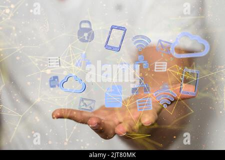 The digital network icons over the hand - internet connection concept Stock Photo