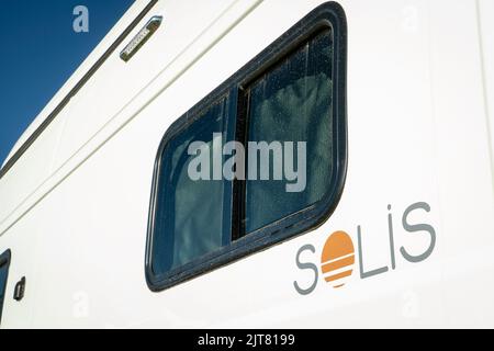 Loveland, CO, USA - August 26, 2022: Detail of Winnebago Solis camper van built on Ram ProMaster chassis. Stock Photo