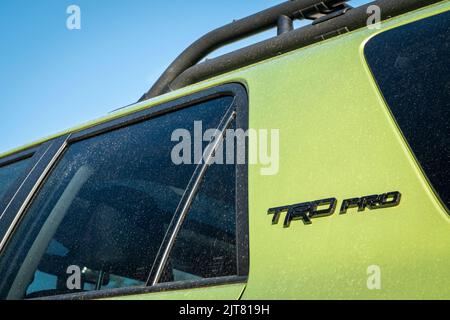 Loveland, CO, USA - August 26, 2022: Detail of Toyota 4Runner TRD pro SUV with a logo. Stock Photo