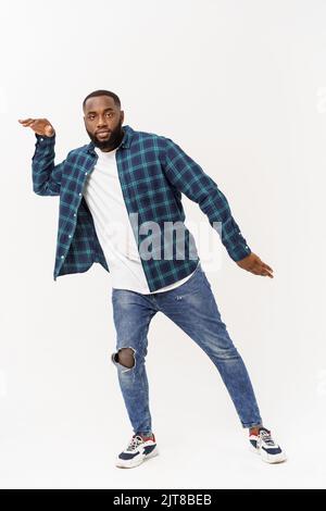 African American hip hop dancer performing isolated over white background. Stock Photo