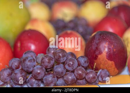 Tray with fresh tropical fruits. Natural fruits ready to eat. Fruits for natural juice. Dessert. Typical Brazilian fruits. Stock Photo