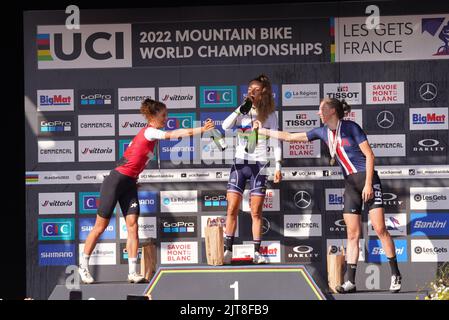 FERRAND PREVOT Pauline, NEFF Jolanda,BATTEN Haley  during Podium UCI Mountain Bike World Championships in Les Gets 2022 Women Elite Cross-country Olym Stock Photo