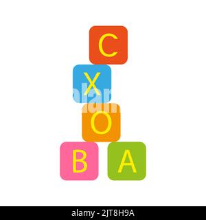 Children education toy cube letter preschool flat. Toy developing fine motor skill teaches read count to fold learn figure joy education logo toy store web site entertainment kid hobby school isolated Stock Vector