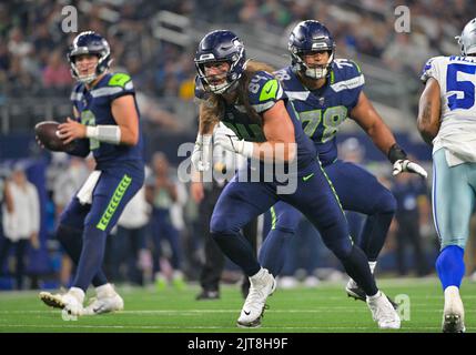 Seattle Seahawks tight end Colby Parkinson (84) walks off the field during  an NFL football game against the Las Vegas Raiders, Sunday, Nov. 27, 2022,  in Seattle, WA. The Raiders defeated the