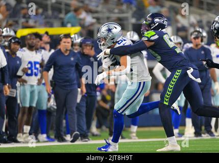 A detail of Dallas Cowboys wide receiver Simi Fehoko (81)'s helmet is seen  before an NFL football game against the Los Angeles Rams Sunday, Oct. 9,  2022, in Inglewood, Calif. (AP Photo/Kyusung