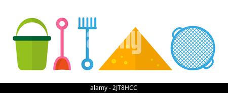 Bucket shovel rake pyramid sand strainer flat set. Toy play sand outside developing fine motor skills teaches model figure draw the sand build education logo store webentertainment kid hobby school Stock Vector