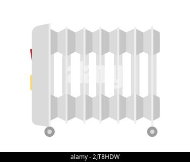 Oil heater electric radiator on wheels white flat. Household appliances temperature control room air heating electrical automatic smart house system climate comfort monitoring room isolated on white Stock Vector