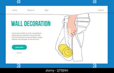 Home Repair Concept. Website Landing Page. Repairmen Workers Are Making Works Of House. Cartoon Characters Paint Walls And Put Tile. Linear Outline Vector Illustration. Stock Vector
