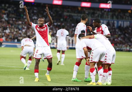 Paris, France. 28th Aug, 2022. Players of AS Monaco celebrate their goal during a French Ligue 1 football match between Paris Saint-Germain (PSG) and AS Monaco at the Parc des Princes Stadium in Paris, France, Aug. 28, 2022. Credit: Gao Jing/Xinhua/Alamy Live News Stock Photo