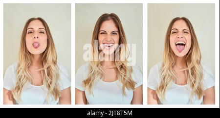 Flaunt your confidence. Composite shot of a young woman making various facial expressions in studio. Stock Photo