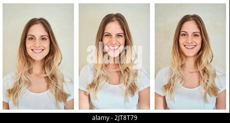 Just keep smiling. Composite shot of a young woman making various facial expressions in studio. Stock Photo