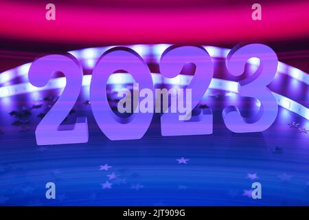 New Year 2023.  Blurred lights in the background. Stock Photo