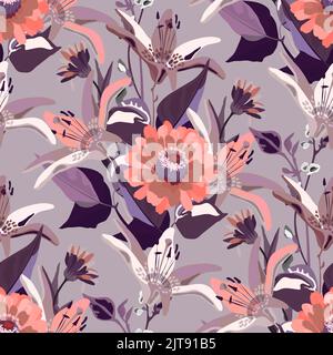 Vector floral seamless pattern with purple and coral colored flowers. Stock Vector
