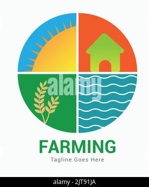 farming agriculture eco nature logo vector with sun leaf home waves farmhouse logo vector illustration Stock Vector