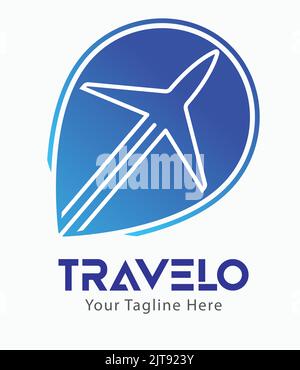travel company logo with location icon symbol vector logo airplane sky  travelling in vacation tourism business logo fly illustration worldwide Stock Vector