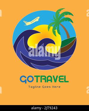 travel company logo with airplane blue sky palm tree sunrise vector logo sea beach waves sunshine tourism summer vacation holiday illustration vector Stock Vector