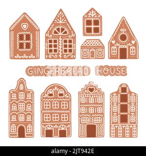 Set of isolated gingerbread houses. Traditional Christmas cookies. Vector flat illustration Stock Vector