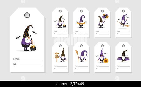 Set of Halloween sale tags with cute scandinavian gnomes. Spooky night discount. Vector illustration in cartoon style. Holiday backgrounds with Stock Vector