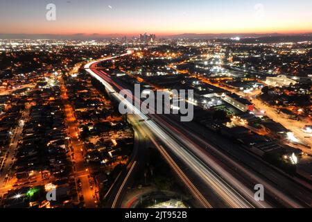 A general overall aerial view of the downtown Los Angeles skyline and Interstate 10 freeway, Sunday, Aug. 28, 2022. Stock Photo