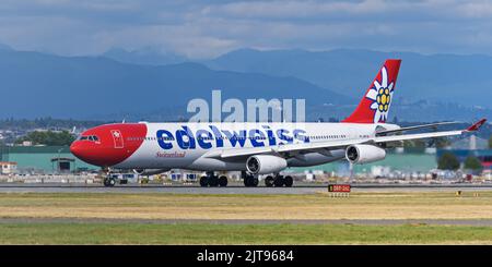 Richmond, British Columbia, Canada. 27th Aug, 2022. An Edelweiss Air Airbus A340 jetliner (HB-JMF) takes off from Vancouver International Airport. (Credit Image: © Bayne Stanley/ZUMA Press Wire) Stock Photo