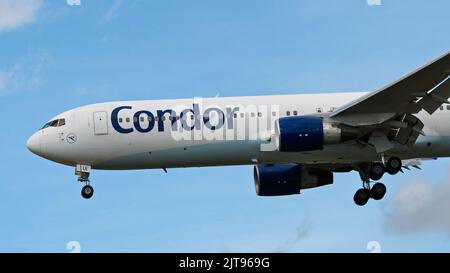 Richmond, British Columbia, Canada. 27th Aug, 2022. A Condor Boeing 767-300ER jet (D-ABUI) airborne on final approach for landing at Vancouver International Airport. (Credit Image: © Bayne Stanley/ZUMA Press Wire) Stock Photo