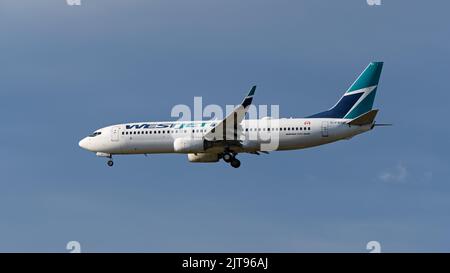 Richmond, British Columbia, Canada. 27th Aug, 2022. A WestJet Boeing 737-800 jetliner (C-FWSE) airborne on final approach for landing at Vancouver International Airport. (Credit Image: © Bayne Stanley/ZUMA Press Wire) Stock Photo