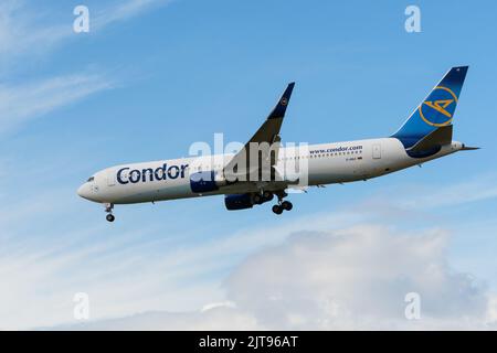 Richmond, British Columbia, Canada. 27th Aug, 2022. A Condor Boeing 767-300ER jet (D-ABUI) airborne on final approach for landing at Vancouver International Airport. (Credit Image: © Bayne Stanley/ZUMA Press Wire) Stock Photo