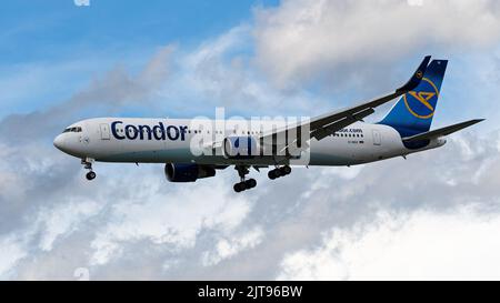 Richmond, British Columbia, Canada. 27th Aug, 2022. A Condor Boeing 767-300ER jet (D-ABUI) airborne on final approach for landing at Vancouver International Airport. (Credit Image: © Bayne Stanley/ZUMA Press Wire) Stock Photo