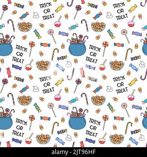 Trick or treat vector pattern. Halloween sweets doodles illustration. Halloween seamless background with holiday homemade candies. Colorful hand drawn Stock Vector