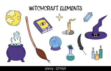 Witchcraft elements vector set. Witch doodle attributes magic ball, spell book, cauldron, broom, hat. Halloween and wizard symbols isolated. Outline h Stock Vector
