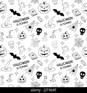 Halloween doodle pattern. Black and white seamless background with Halloween spooky symbols jack o lanterns, web, skull, grave. Vector illustration wi Stock Vector