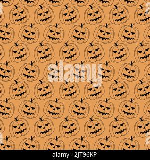 Halloween doodle pattern. Black pumpkin lanterns on orange background. Vector seamless illustration. Halloween holiday sketch symbols jack lanterns. H Stock Vector