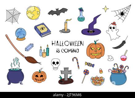 Halloween doodle elements vector set. Hand drawn colorful scary objects isolated. Halloween scribble outline pumkin lantern, witch cauldron, holiday s Stock Vector