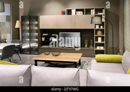 Interior of living room with contemporary furniture and TV with blank screen in new apartment Stock Photo