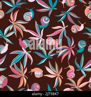 Snail and marijuana leaves seamless pattern. Hand drawn illustration in vintage style. Perfect for prints and textiles.  Stock Vector