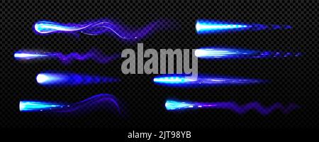 Blue fire trails of flying jet or rocket. Vector realistic set of different jetpack flame effects with neon glow and sparks isolated on transparent background Stock Vector