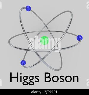 3D illustration of an atom with Higgs Boson title, isolated over gray bakground. Stock Photo