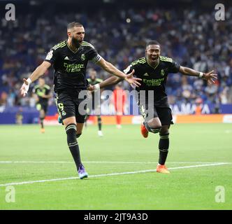 Sabadell, Barcelona, Spain. 28th Aug, 2022. Barcelona Spain 28.08.2022 Karim Benzema (Real Madrid) and David Alaba (Real Madrid) celebrates after scoring his team''˜s goal during the La Liga Santander between Espanyol and Real Madrid at RCDE Stadium on 28 August 2022 in Barcelona. (Credit Image: © Xavi Urgeles/ZUMA Press Wire) Credit: ZUMA Press, Inc./Alamy Live News Stock Photo