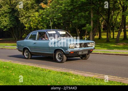 1969 60s sixties Blue VAUXHALL VIVA 1589cc; arriving at the annual Stanley Park Classic Car Show in the Italian Gardens. Stanley Park classics yesteryear Motor Show Hosted By Blackpool Vintage Vehicle Preservation Group, UK. Stock Photo